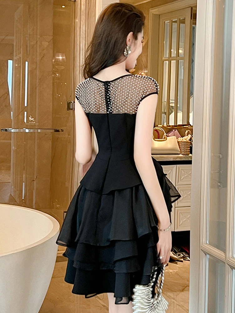 Fashion Cute Black Dresses Women's Sheer Dot Mesh Ruffles Cake