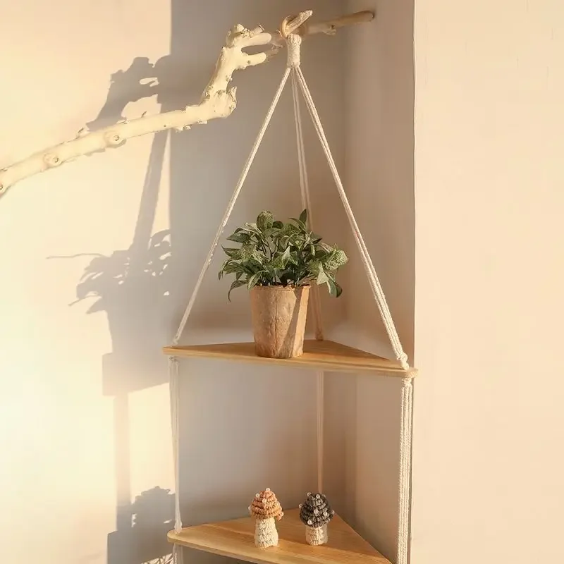 1 Set Wood Wall Shelf Macrame Swing Hanging Floating Display Shelves Hanging Wall Plant Corner Holder Stand For Simple Design 4