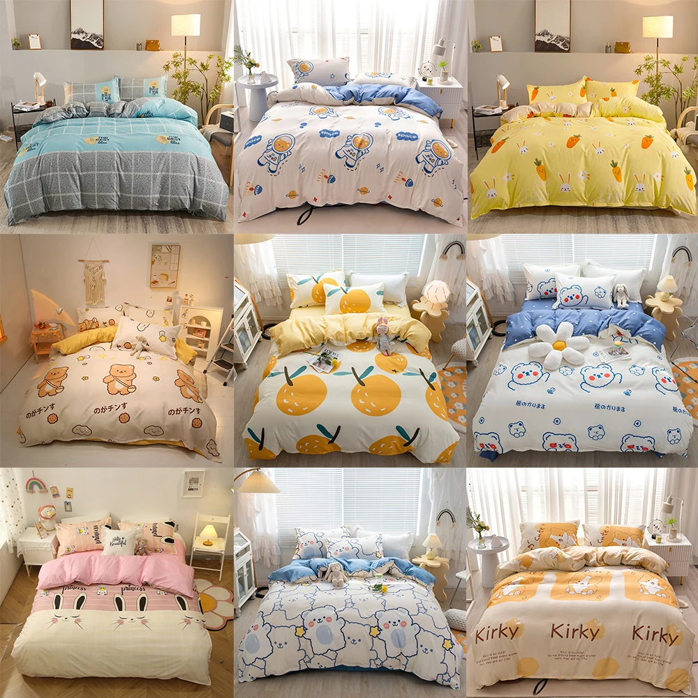 

Cute Bedding Set Animal Print Double Bed Linens Nordic Duvet Cover Pillowcase Queen Size Flat Sheet Classic Grid Kids Bed Linen