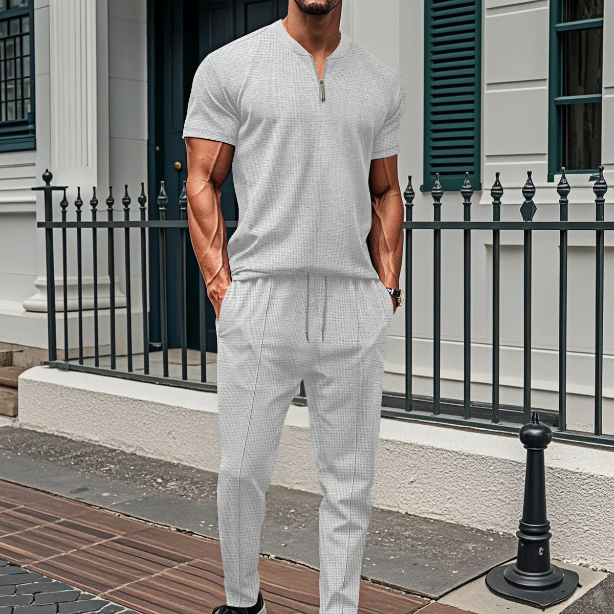 Men's Casual Loose Fit Two-Piece Set Short-Sleeved Pant Suit Waffle Check Zipper Stand Collar Solid Color Fashion Streetwear 6