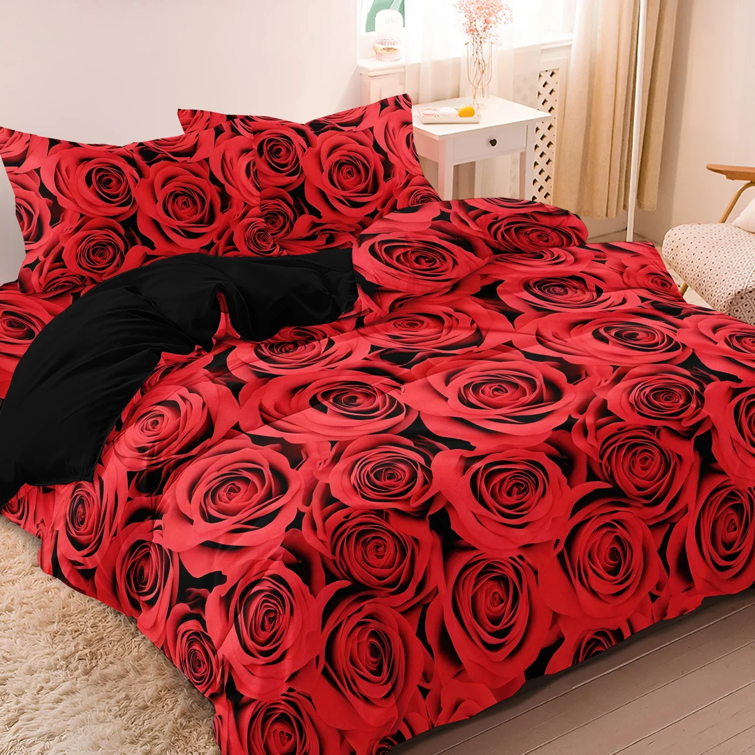 3pcs Valentine'S Day Rose Sea Comforter Cover Set - Vibrant Red Roses Pattern Bedding with Zipper Closure, Valentine's Day Gift Sf1e3452471b644e3bc15d5a6cc5d5876p
