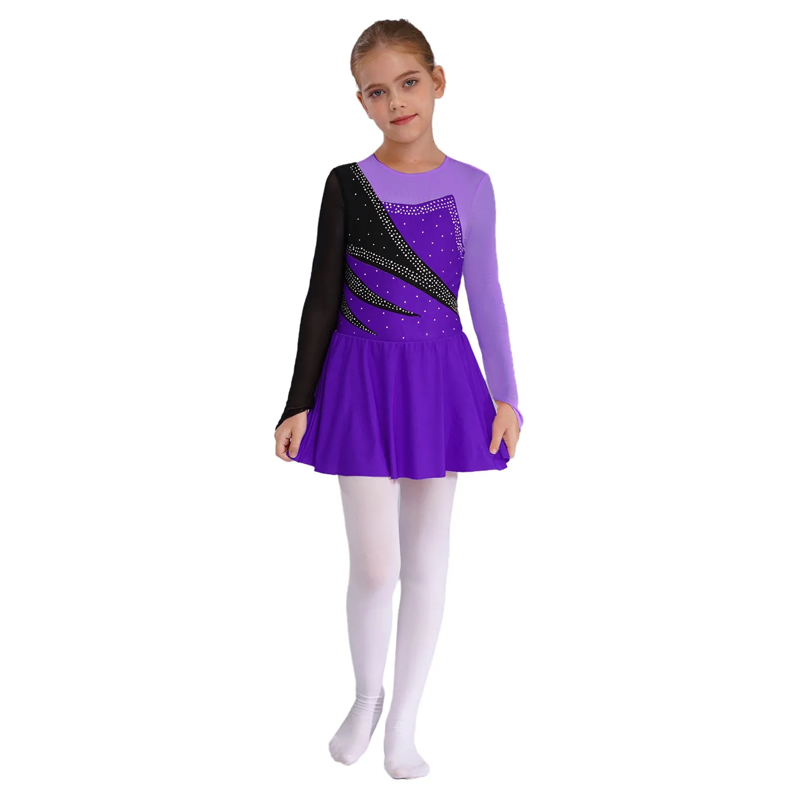 Kinder Mädchen Eiskunstlauf Tanz Performance Kleider Glitzernde Strasssteine Sheer Mesh Trikotkleid für Ballett Lyrical Dancewear – Detail 19