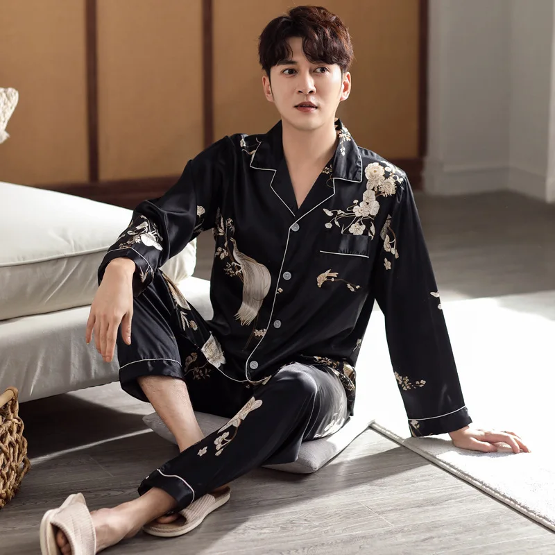 Spring Autumn Men's Simulation Silk Pajamas Long Sleeve Pants Oversized Loose Casual Home Clothing Set Printed Sleepwear