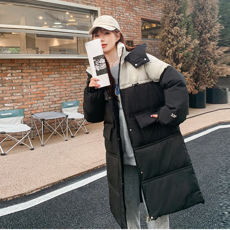 

Winter Hooded Colour Blocking Long Cotton Jacket Women Fashion Thick Warm Down Padded Coat Ladies Casual Loose Zipper Outwears