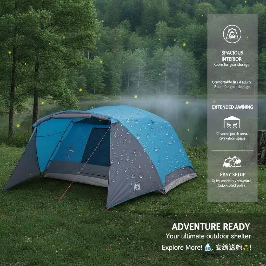 Campingzelt mit Vorzelt für 4 Personen, blau, wasserdicht – Detail 4