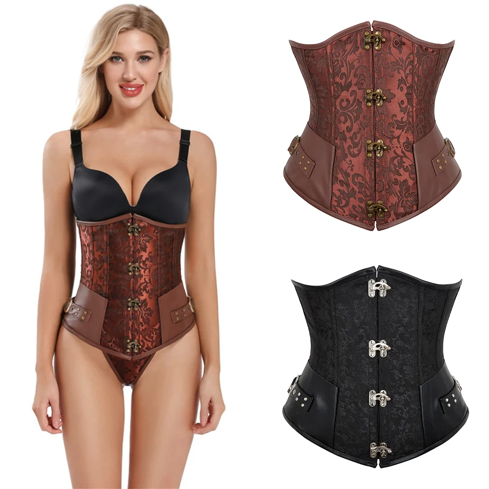 Steampunk Waist Trainer Jacquard Underbust Corset Women Short Steel Buckle Faux Leather Corset Studded Retro Plus Size