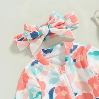 Toddler Girls Summer Swimsuit Long Sleeve Floral Print Swimwear Kids Bathing with Headband Beach Pool Swimming Suit 3