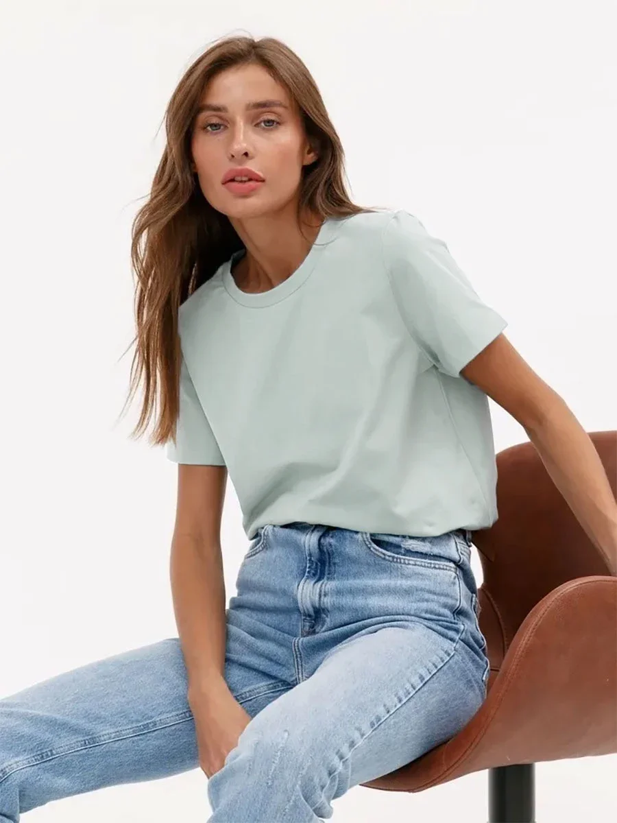 thumbnail image 1 of Camiseta de verano 100 % algodón para mujer de Bornladies, básica, moderna, lisa, de manga corta, holgada, 230 g/㎡, 1 of 5