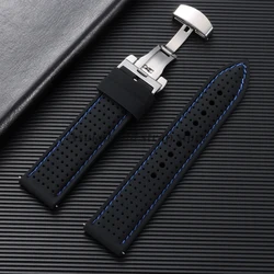 Breathable Silicone Watch Band with Butterfly Buckle - 22mm (Black - Blue)