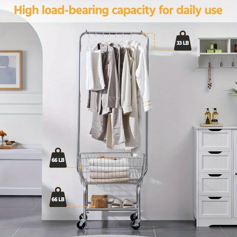 Yaheetech Wire Commercial Rolling Laundry Cart Laundry Basket with Garment Rack Laundry Butler with Basket Laundry Hampe 5