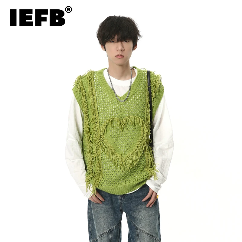 

IEFB Tassel Knitted Sleeveless Tank Top Loose Men's Autumn Hollow Out Fashion Pullover Top Colorful Casual Sweater Vest 9C1844