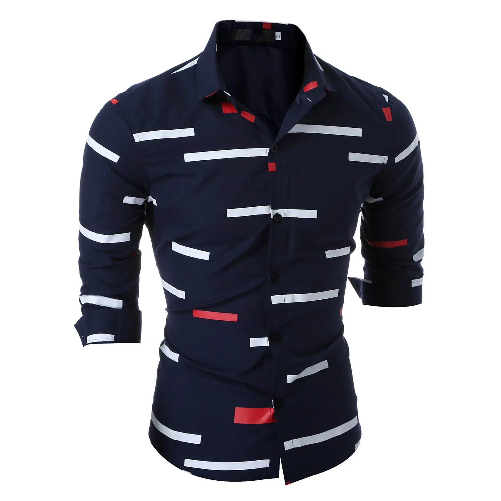 

Мужская приталенная рубашка с длинными рукавами, кардиган с отложным воротником и геометрическим принтом, повседневная Облегающая рубашка, мужская одежда