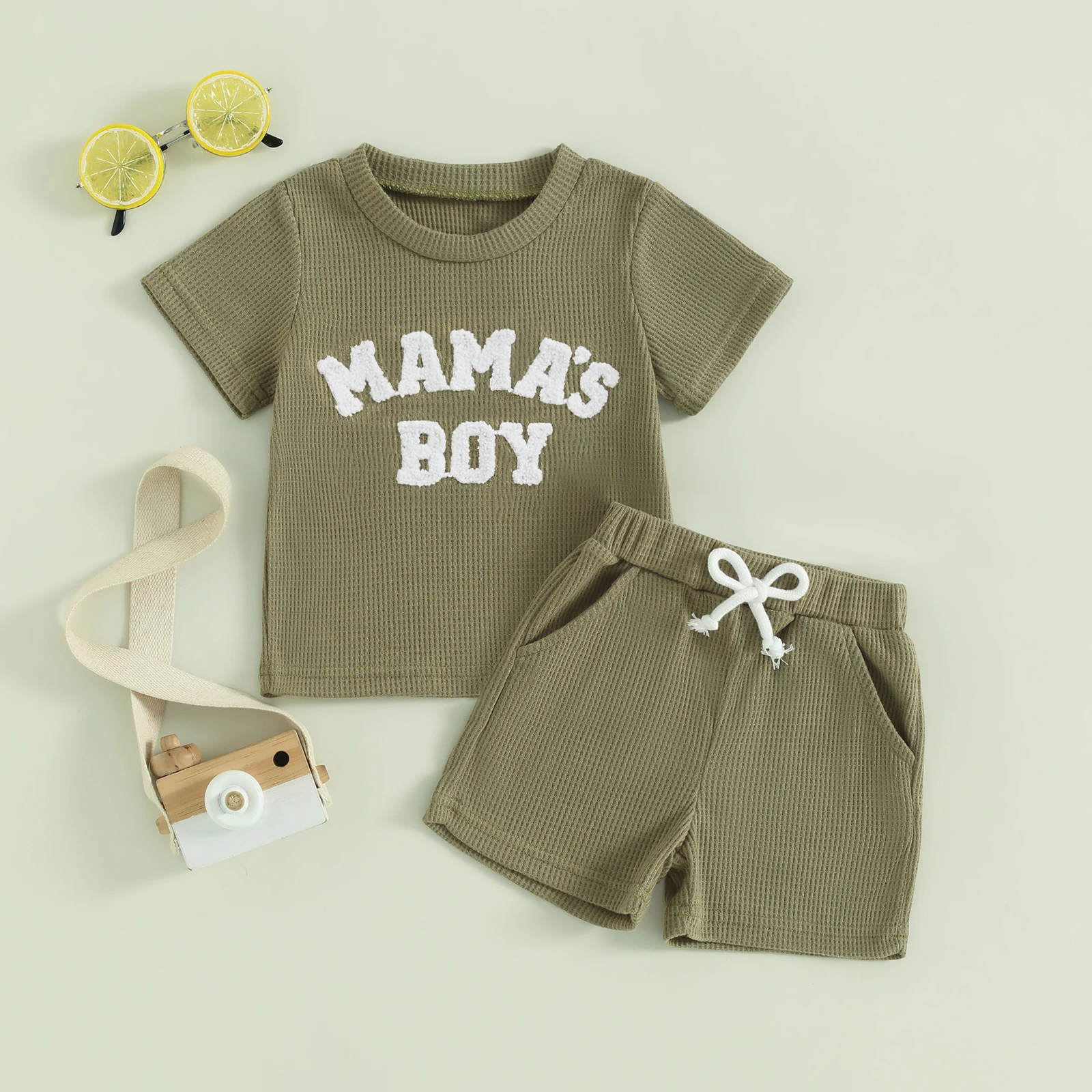 Luli & Me Boys Dressy Shorts & Shirt Set - Velvet - Beige Champagne