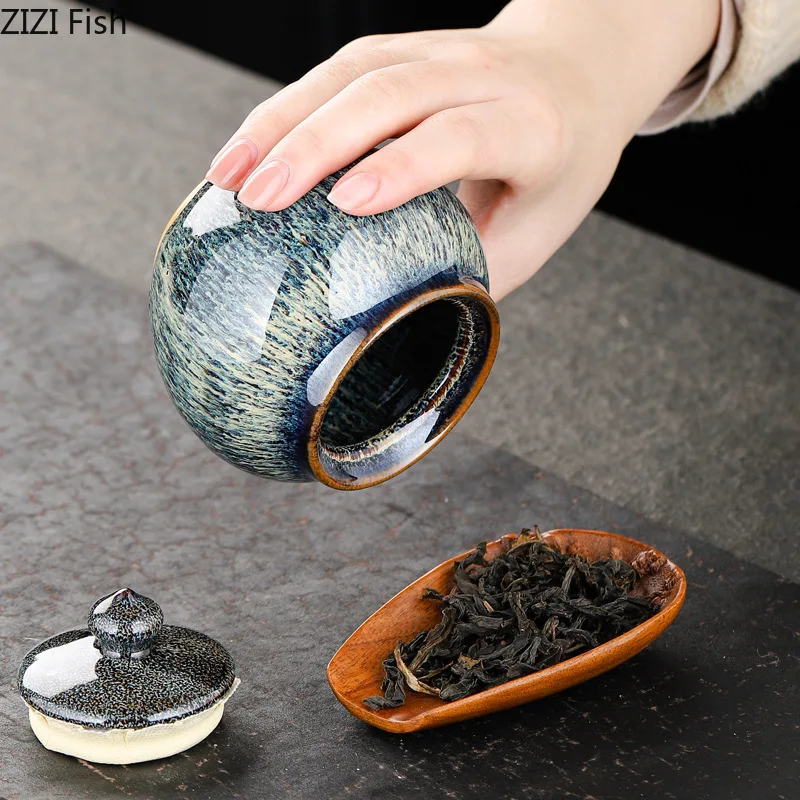 Painted Texture Tea Canister Sealed Ceramic Tea Caddy Storage Jar with Lid Coffee Table Desk Decoration General Jar Candy Can Tea Tin Box Tea Canister Ceramic Storage Jar