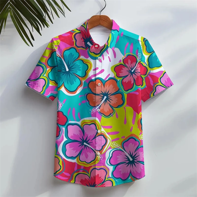 thumbnail image 1 of Camisa hawaiana de manga corta para hombre, informal, para playa, con botones, estampado floral en 3D de hojas tropicales, para vacaciones de verano, con solapa, 1 of 5