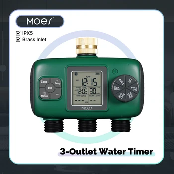 MOES 3-Outlet Smart Water Timer Brass Inlet IPX5Waterproof  Knob Button Automatic Irrigation LCD Display Screen Garden Sprinkler 1