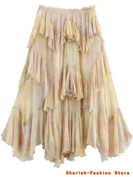 French Style Floral Lace A- Line Skirt Spring Autumn Women's New Style Ruffled Skirt Printed Half-length Skirt Polyester Fibe 1