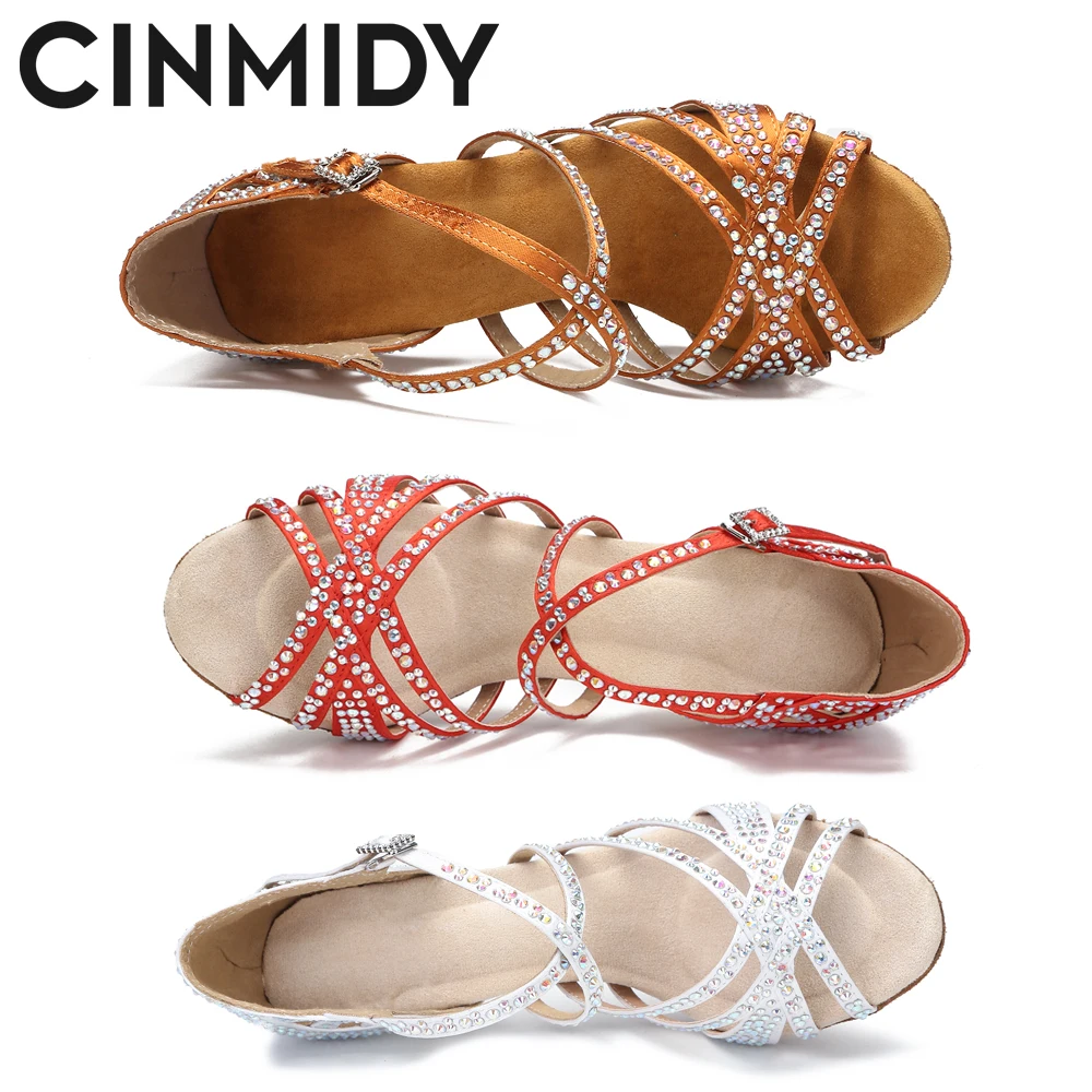 CINMIDY Rhinestones Dance Shoes Woman Party Satin Dance Shoes  Ballroom Red Latin Dance Shoes Women Soft Bottom Wedding Sandals 6
