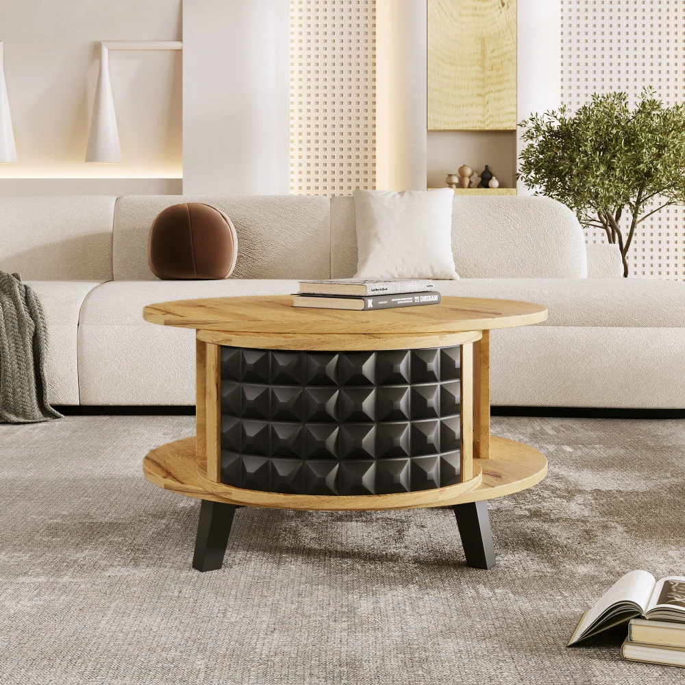 Moderner Wohnzimmer-Couchtisch mit drehbarem Ablagefach und verstecktem Innenregal, Beistelltisch, zweistufigem Tischplatte-Design – Detail 5
