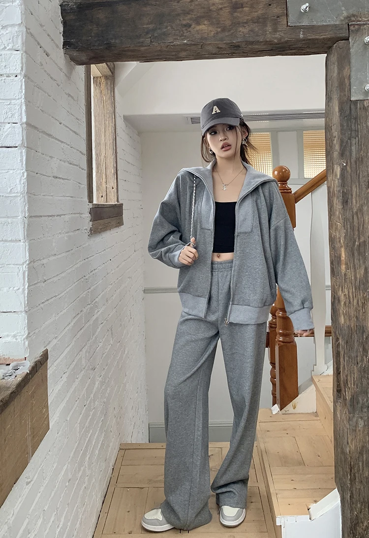 Y2K Casual Two-piece Set Solid Tracksuit Stand Collar Long Sleeve Zip-up Sweatshirt Long Pants Korean Fashion Autumn New Outfits