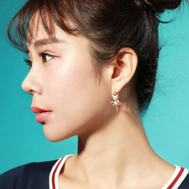 Cute Exquisite Fashion Enamel Glazed Chihuahua Puppy Dog Flower Wheat Glass Tassel Asymmetric Earrings Ear Studs Clip Japanese