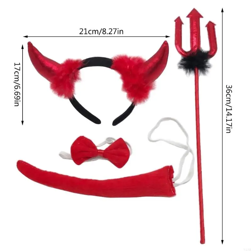 Y5JD Halloween Devil Costumes Set Tail Bowtie Devil Horn Headband Red Pitchforks Tail
