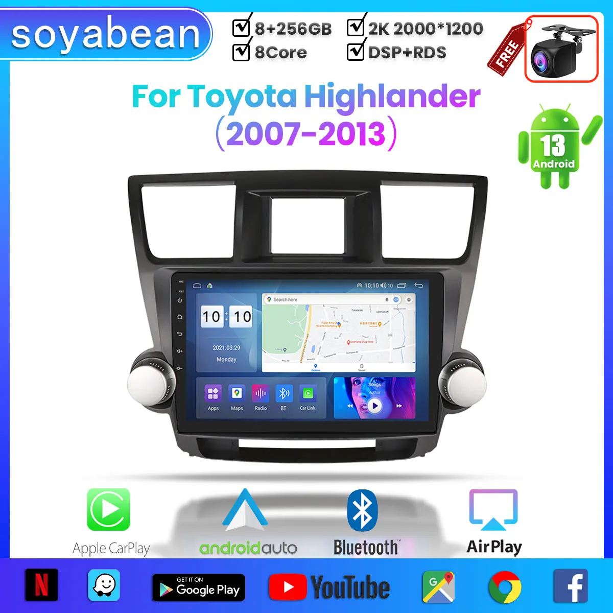 

Android 13 Car Radio for Toyota Highlander 2007-2013, 10inch 2K Multimedia Player with 4G Car Carplay & 2Din GPS Navigation.