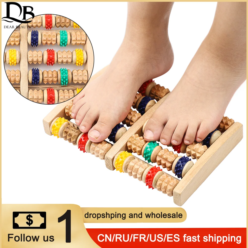 

5 Rows Wooden Foot Massager Roller Heath Therapy Acupressure Relax Massage Pain Stress Relief Shiatsu Roller Feet Care Massager