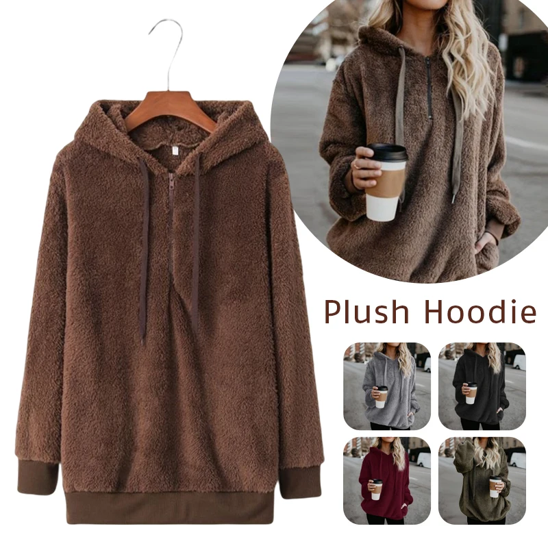 

Womens Fluffy Sherpa Pullover Fuzzy Fleece Sweatshirt Winter Warm Zipper Pocket Oversized Pullover Hoodie Coat Outwear