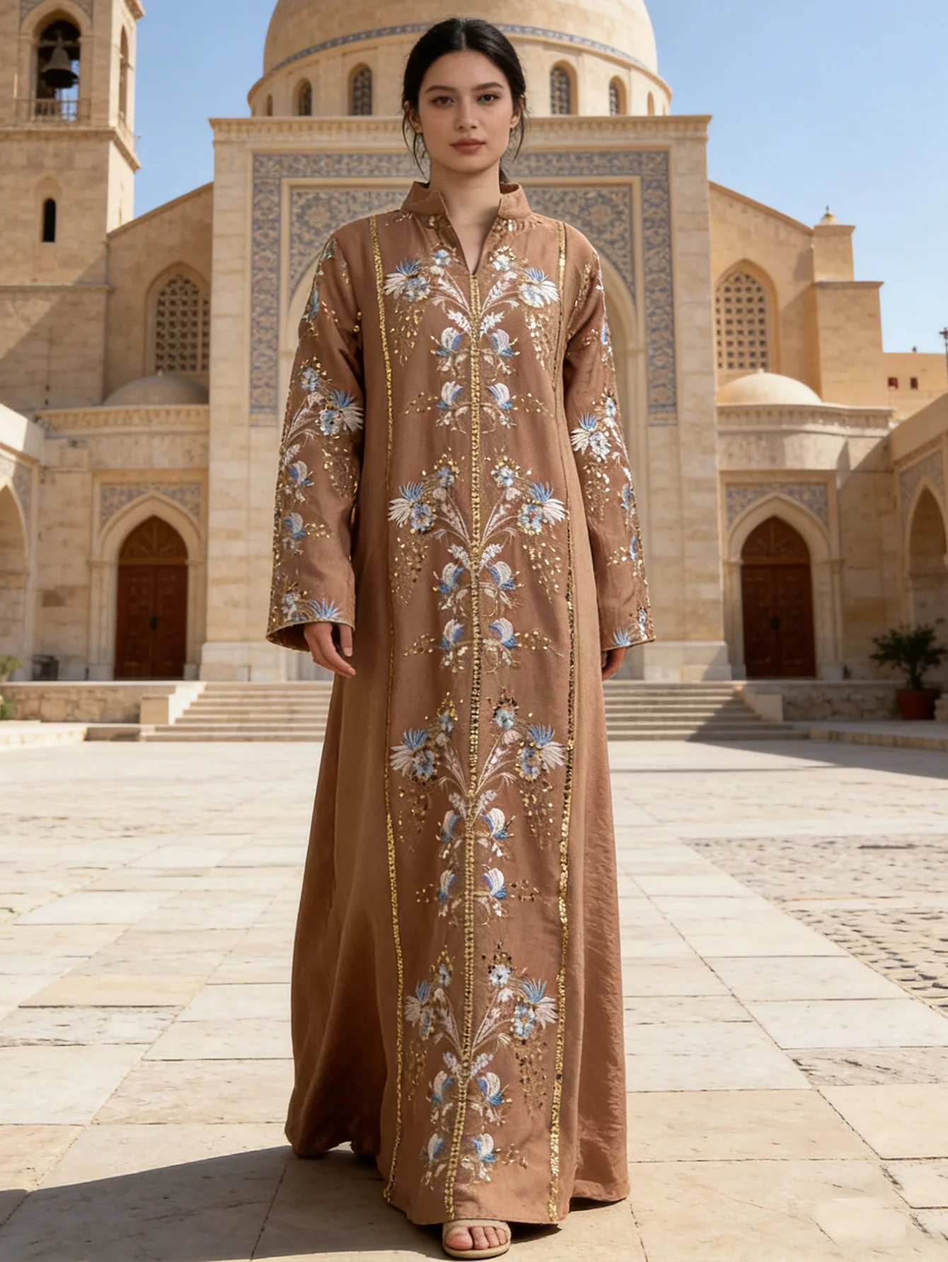 جلابية أخضر زيتي بتطريز زهري فاخر