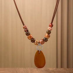 Vintage Ethnic Totem Beaded Necklace with Handmade Wood and Water Drop Pendants - Women's Daily Wear Jewelry (Brown)