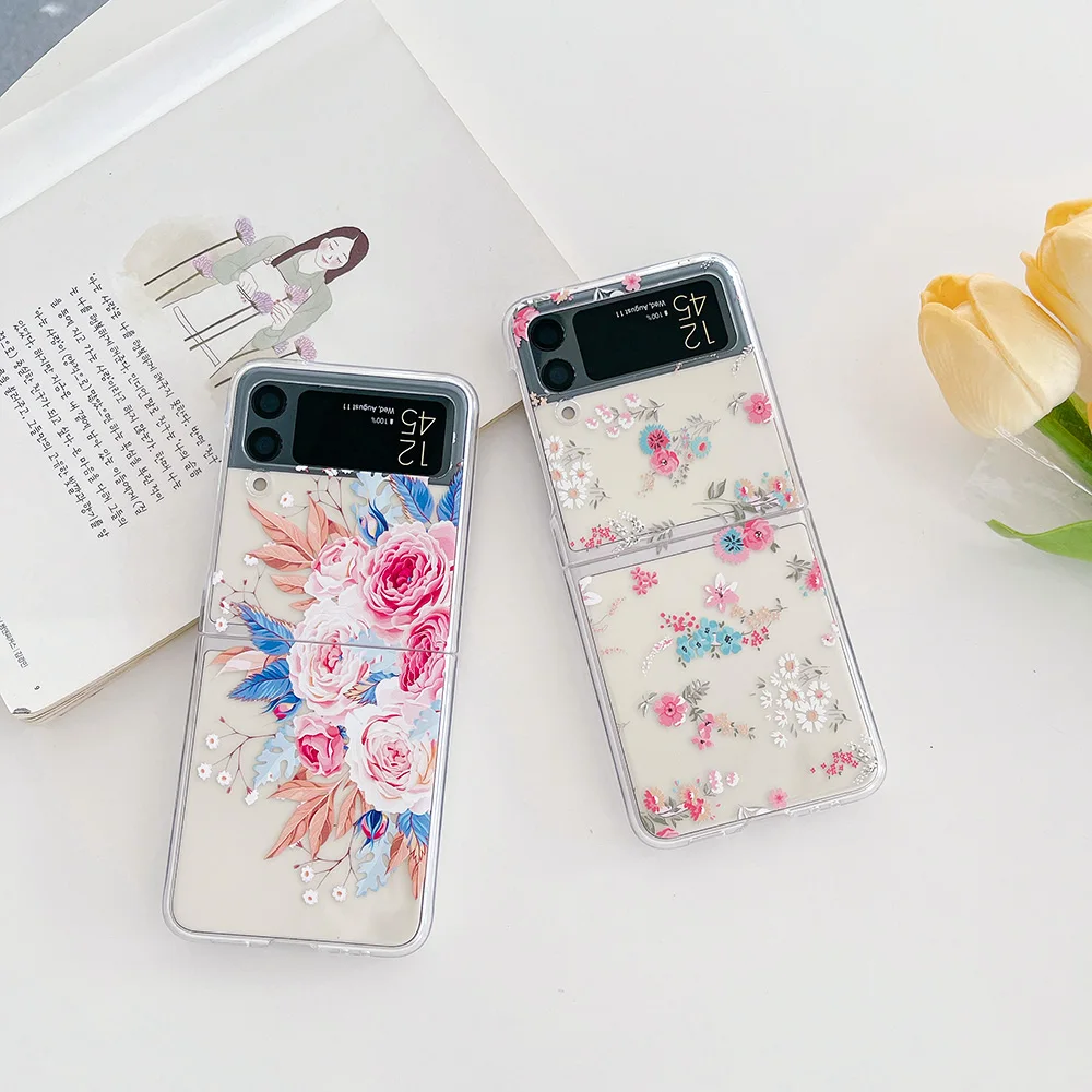 

For Samsung Galaxy Z Flip 4 3 Flip4 Flip3 Case Beautiful Daisy Flowers Painted Transparent Shockproof Folding PC Hard Back Cover