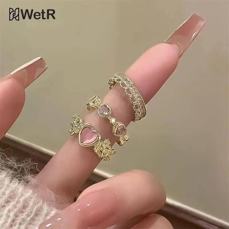 Y2k Pink Crystal Rings For Women Girls Heart Bowknot Ring Butterfly Finger Ring 3pcs/Set Romantic Fashion Party Jewelry Gifts 1
