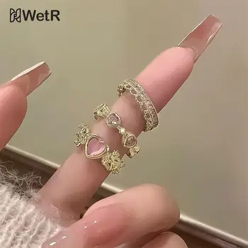 Y2k Pink Crystal Rings For Women Girls Heart Bowknot Ring Butterfly Finger Ring 3pcs/Set Romantic Fashion Party Jewelry Gifts 1
