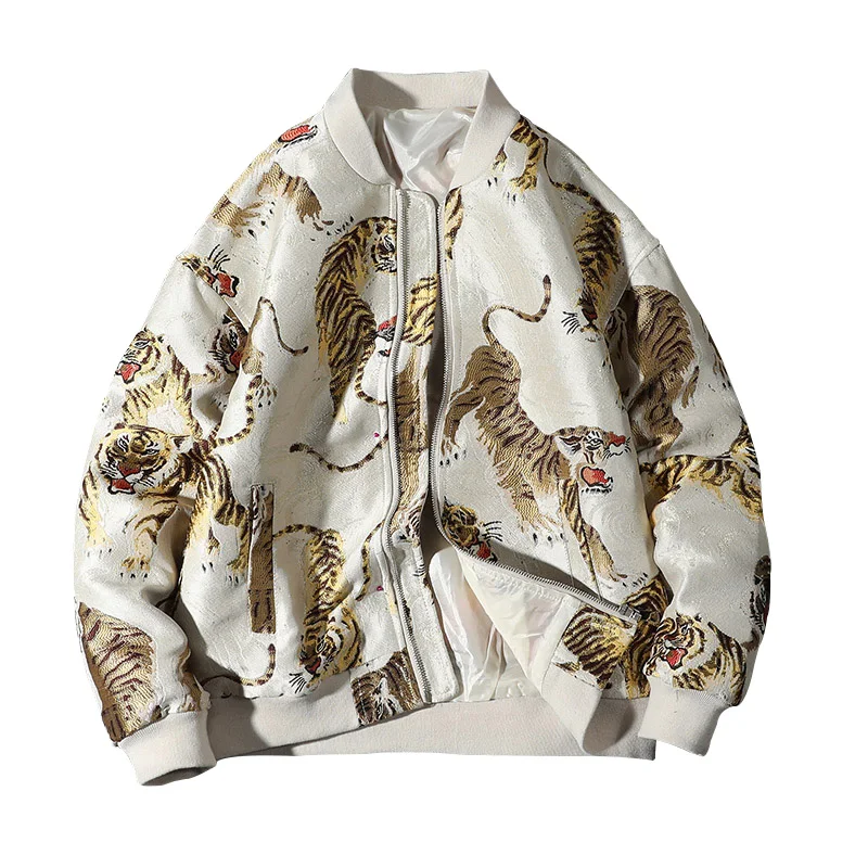 

Chinese Style Luxury Tiger Parrot Crane Embroiderey Jackets Men Spring and Autumn New Loose Baseball Casual Coats