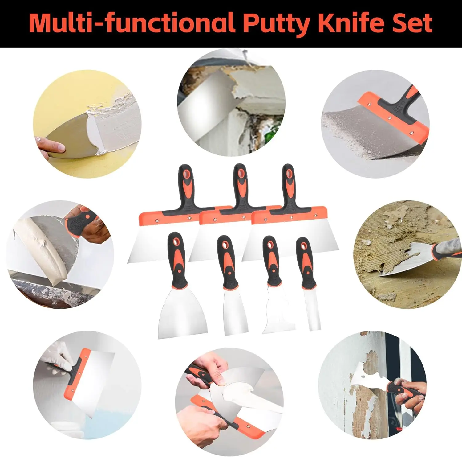 Putty knife,9 Piece Stainless Steel Paint Scraper Tool Set,With Taping Knife Tool for Repairing Drywall, Removing Wallpaper 6