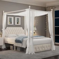 Queen Upholstered Canopy Bed Frame with 2 Drawers and Button Tufted Headboard, 4 Removable Posts, Queen Bed Frame 1