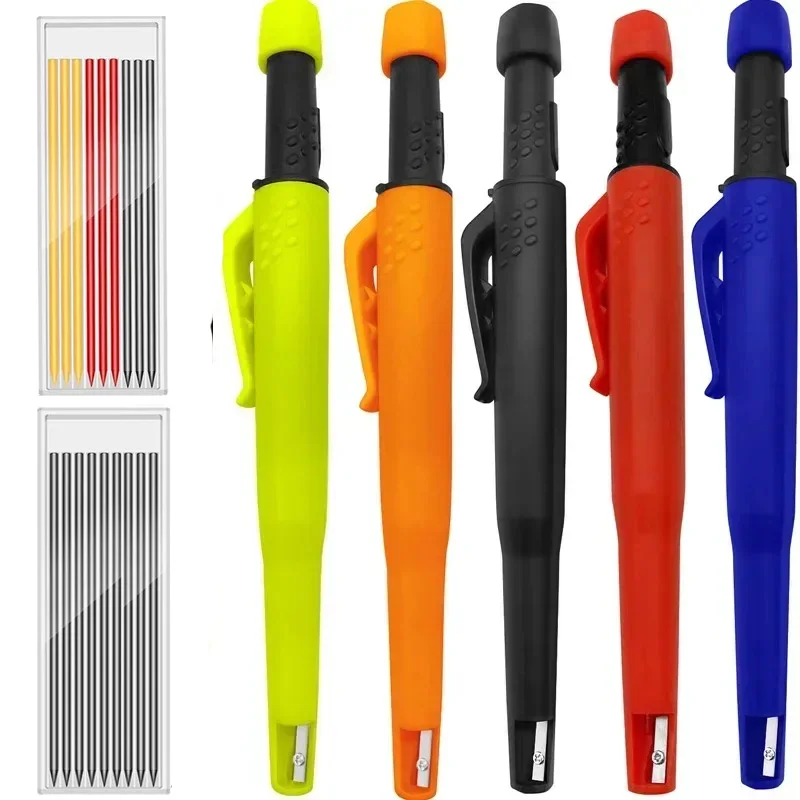 Solid Carpenter Pencil Set 2.8mm Deep Hole Mechanical Pencil Marker with Built in Sharpener for Carpenter Woodworking Architect