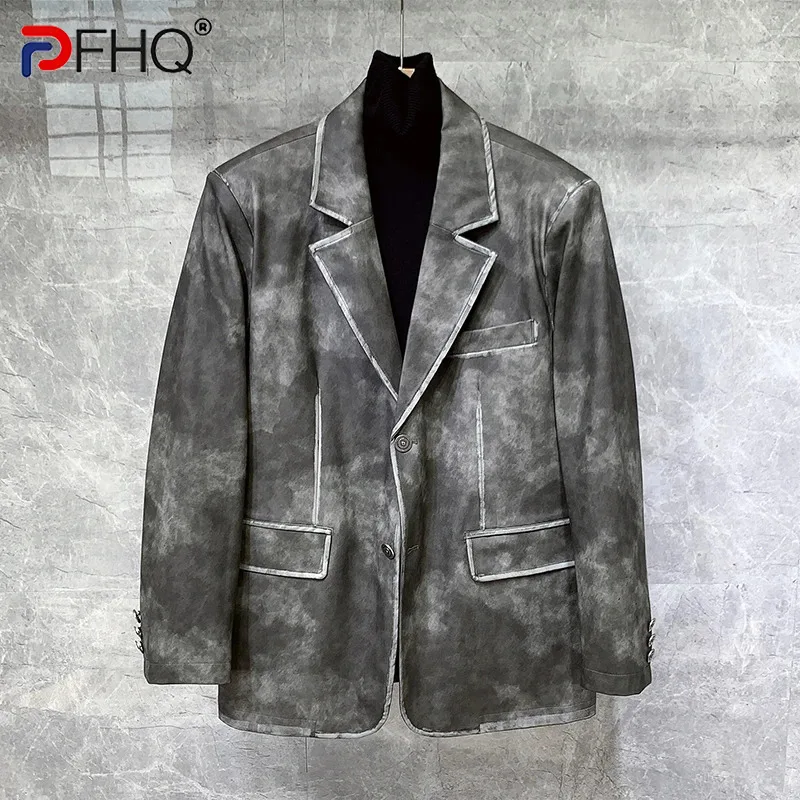 

PFHQ High Qauality PU Suit Jackets Men's Handsome Single Breasted Tie Dye Creativity Versatile Motorcycle Blazers Autumn 21Z3097