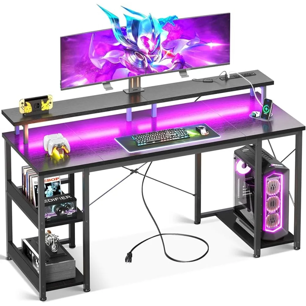 

55 inch Gaming Desk with LED Lights Power Outlets, Computer Desks withs Monitor Stand & Storage Sheves,CPU Stand,Black