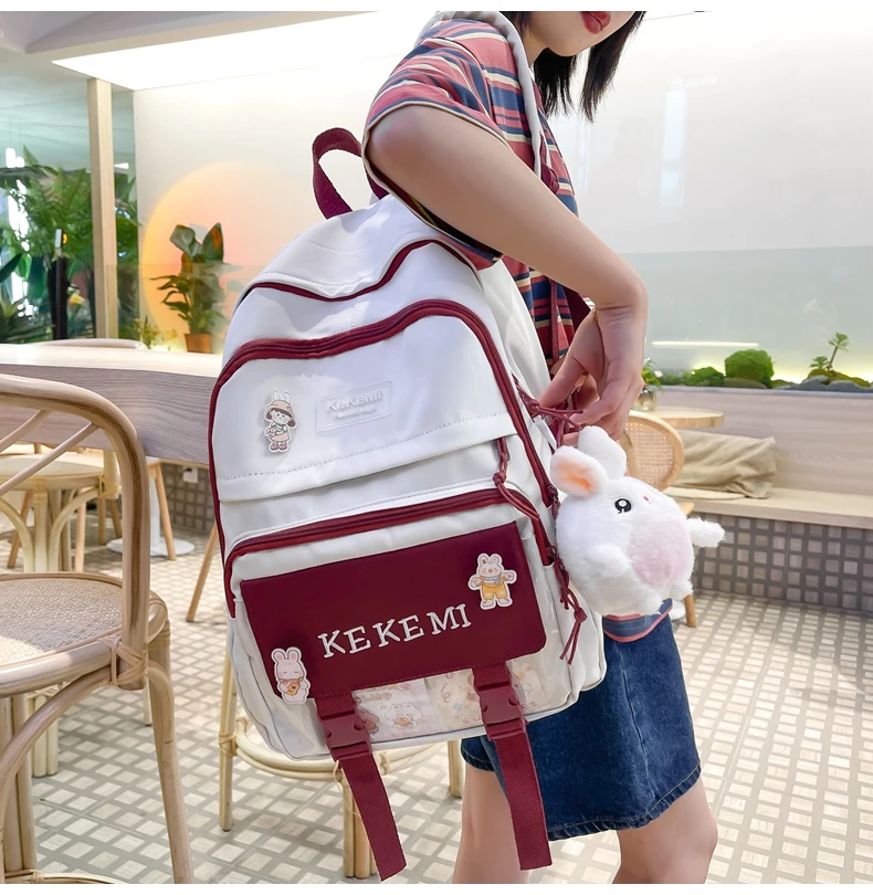 DCIMOR New Letters Embroidery Nylon Women Backpack Female Contrast Color Multi-pocket Travel Bag Kawaii Girl Schoolbag Bookbag