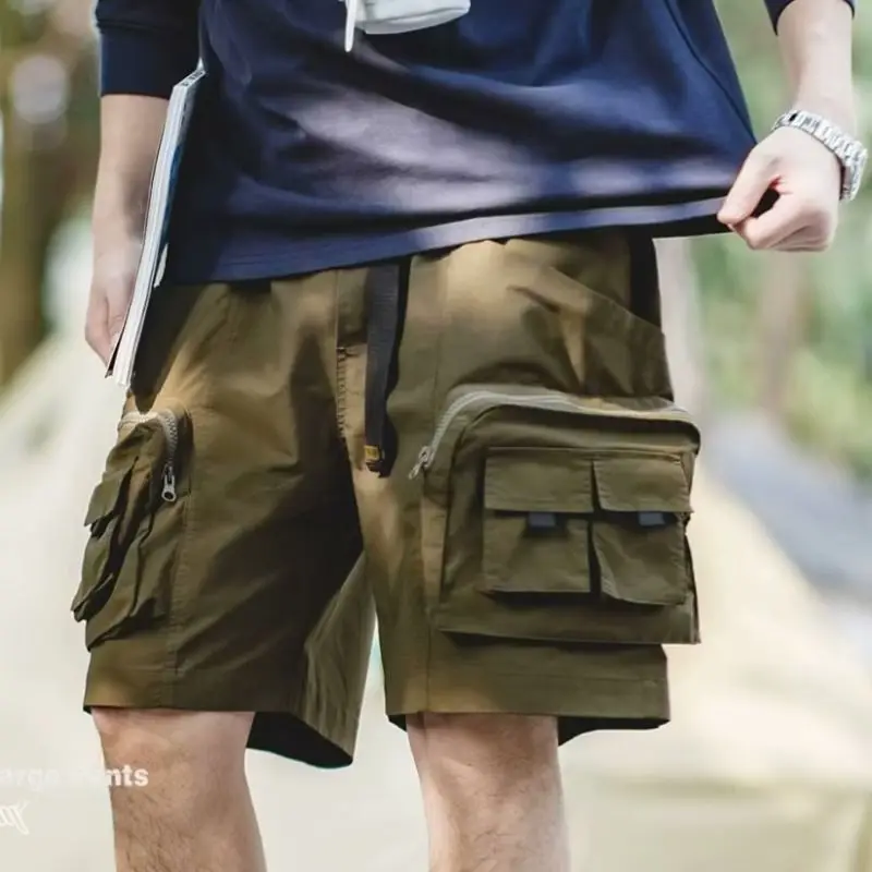 Outdoor Summer Shorts Men's Trend Olive Green Solid Pants Multi Pocket Work Suit Shorts Men's Straight Half length Pants Men's