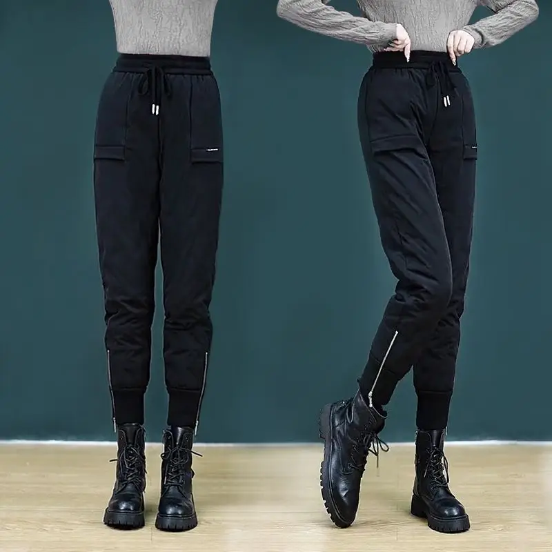 Women's Autumn Winter New High Waist Down Cotton Pants Fashion Simple Solid Large Fleece Thickened Loose Casual Slimming Pants