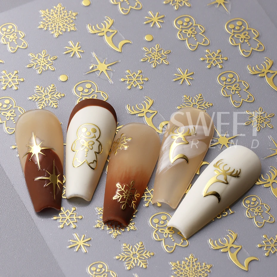 3pcs Christmas Nail Stickers Rose Gold Silver Snowflakes Reindeer Gingerbread Self-adhesive Decals Manicure Decoration Slider
