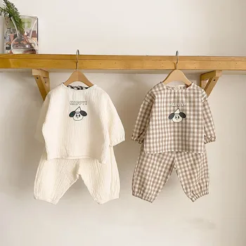 2024 nuovi vestiti di lino di cotone per bambini Set Plaid Cartoon Casual top + pantaloni 2 pezzi Baby Set Cute Boy Girls comodi abiti per neonati