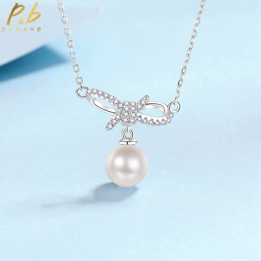 

PuBang Fine Jewelry Solid 925 Sterling Silver Bowknot Real Moissanite Diamond Pearl Pendant Necklace for Women Gift FreeShipping