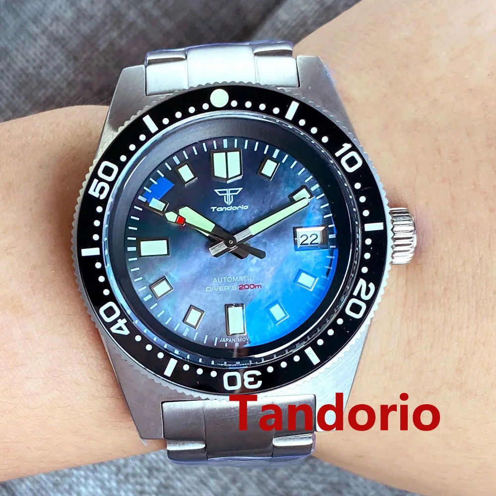 Tandorio 41mm AR Domed Sapphire Glass Mother Of Pearl Dial Automatic NH35A Movement 300m Diving Men's Watch Luminous 120 Clicks