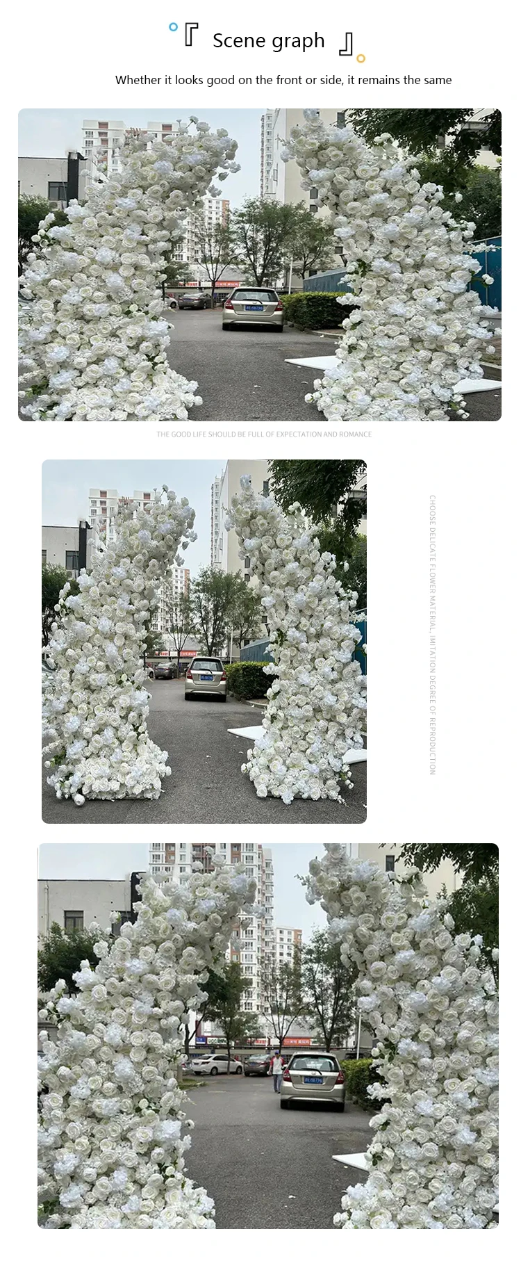 Description Picture 5 of itemWhite Rose Hyacinth Orchid Floral Arrangement Decor Horn Arch Wedding Backdrop Floor Flower Row Event Banquet Party Stage Props