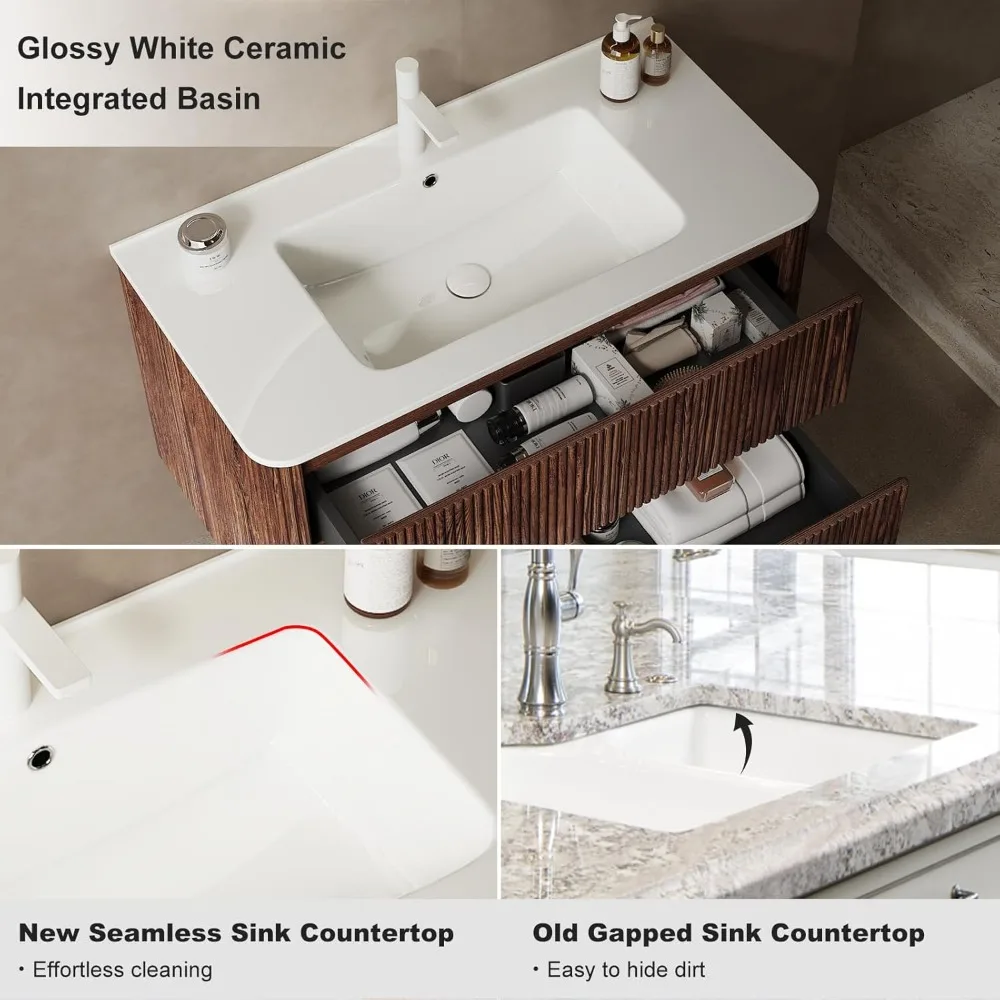 36" Floating Bathroom Vanities Cabinet with Sink Set, Modern Wall Mounted Storage Cabinet with 2 Wood Stripes Big Drawers 5