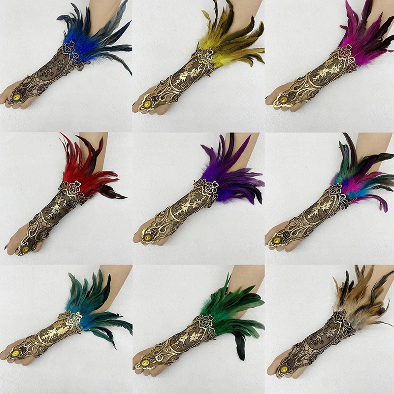 Guante largo de encaje dorado de plumas góticas para mujer, pulsera Sexy sin dedos, guantes de rejilla de encaje exagerados, accesorios de fiesta